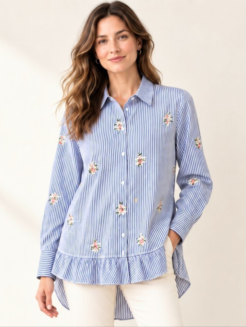Zara Blue Striped Floral Embroidered Ruffle Hem Longline Shirt Blouse S